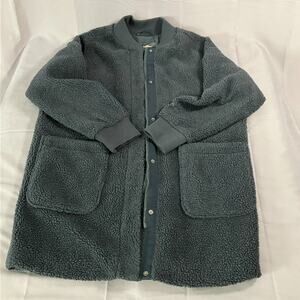 Eddie Bauer Sherpa Fleece Women’s Large Jacket Long Snap Front Blue Teddy Coat